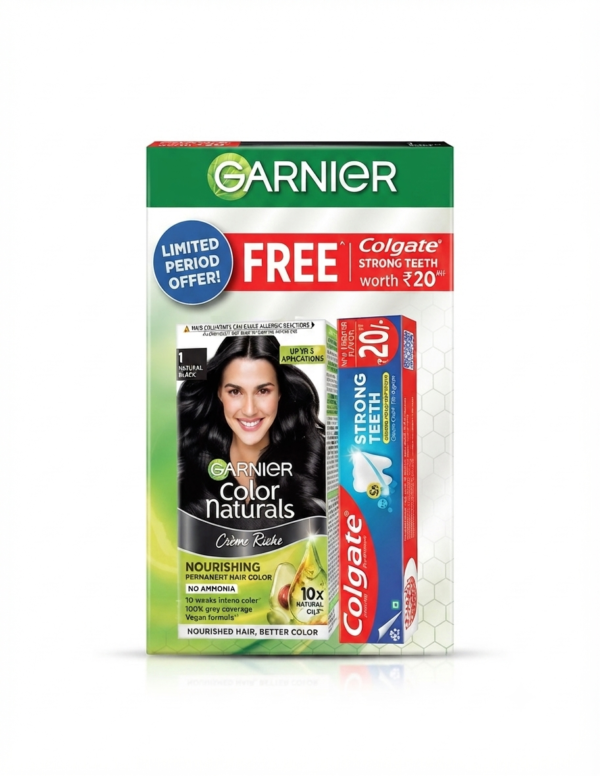Garnier Color Naturals Crème Riche Hair Color (Natural Black 1) with Free Colgate Toothpaste Offer