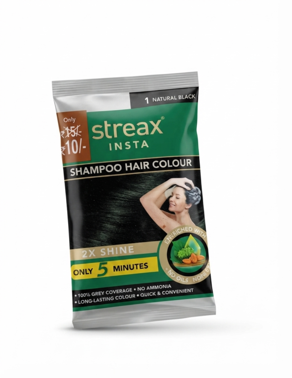 Streax Insta Shampoo Hair Colour - 1 Natural Black