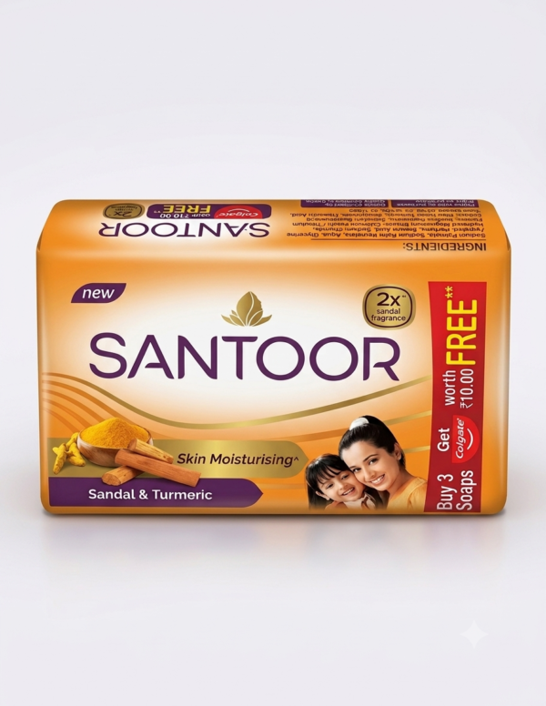 Santoor Skin Moisturising Soap (Sandal & Turmeric) - Buy 3 Get Colgate Free Pack